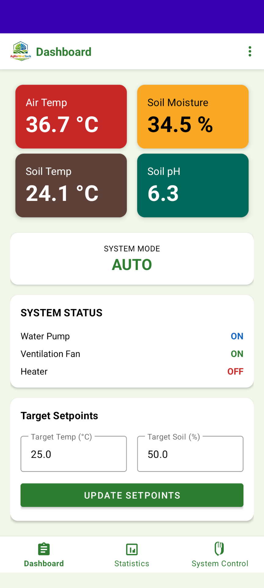 The AgRoMindTech app showing live greenhouse readings